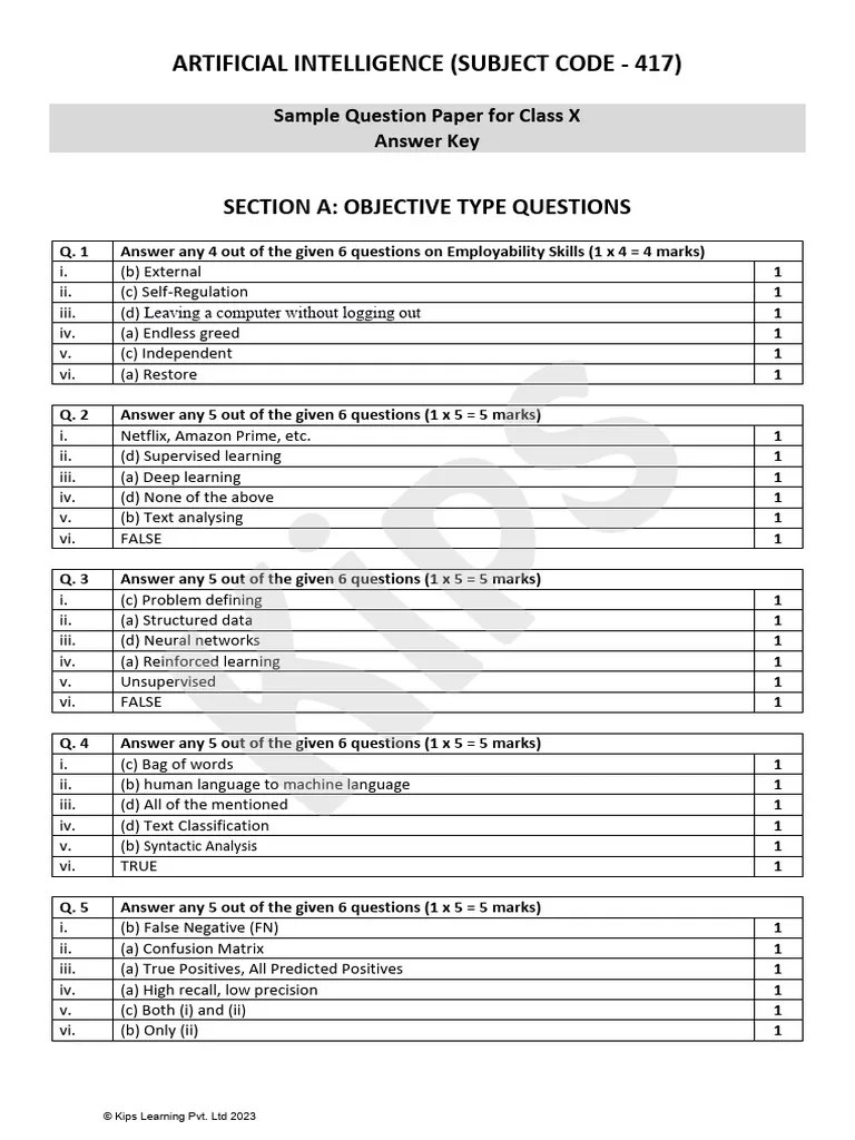 AI Class 10 Sample Paper 1 Answer Key | PDF | Machine Learning ...