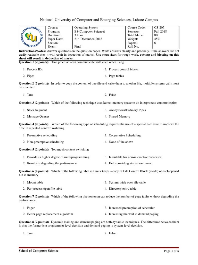 Final OS BS CS F2018 | PDF | Scheduling (Computing) | Integer (Computer Science)