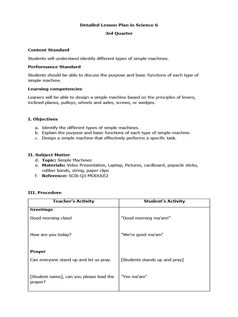 Detailed Lesson Plan In Science 6 | PDF | Machines | Mechanical Engineering