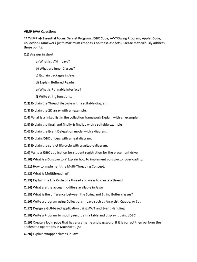 JAVA IMP Questions | PDF | Java (Programming Language) | Class ...