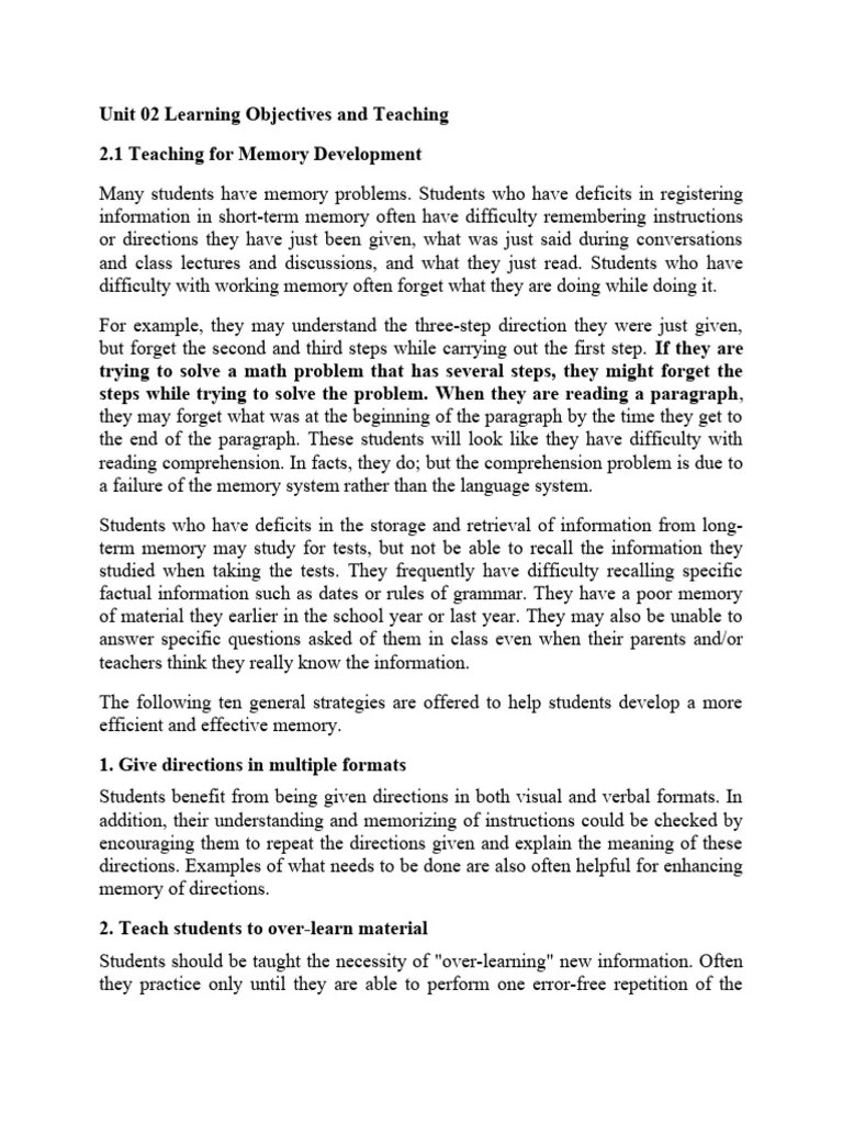 Unit 02 Learning Objectives And Teaching | Download Free PDF | Memory ...