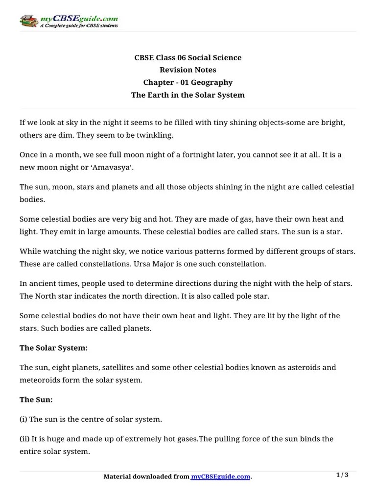 06 Social Science Geo Key Notes Ch01 The Earth In The Solar System PDF ...