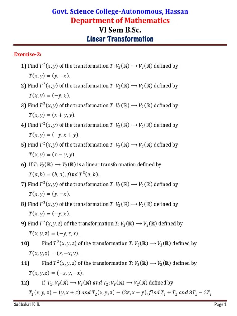 Linear Transformation - Exercise | PDF | Linear Subspace | Basis ...