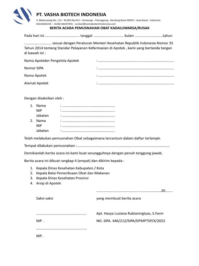 Berita Acara Pemusnahan Obat Kadaluwarsa Atau Rusak | PDF