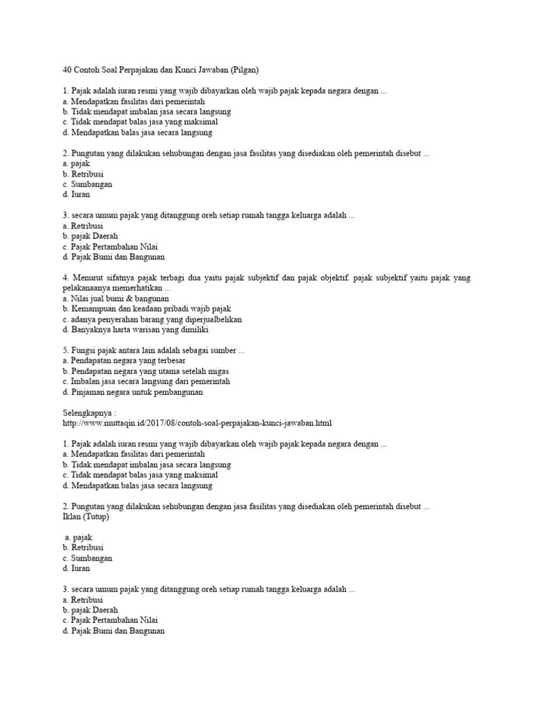 40 Contoh Soal Perpajakan Dan Kunci Jawaban (Pilgan) | PDF