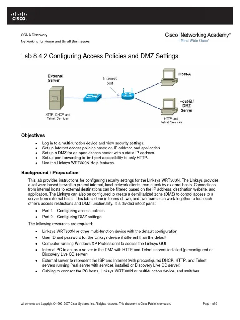 Lab 8.4.2 Configuring Access Policies And DMZ Settings | PDF | Ip Address | Internet