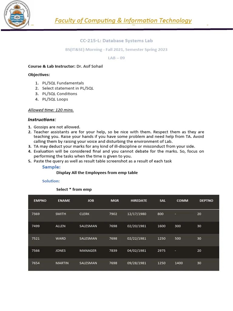 DBS-BIT&BSE-Lab 09 PL - SQL | PDF | Pl/Sql | Sql