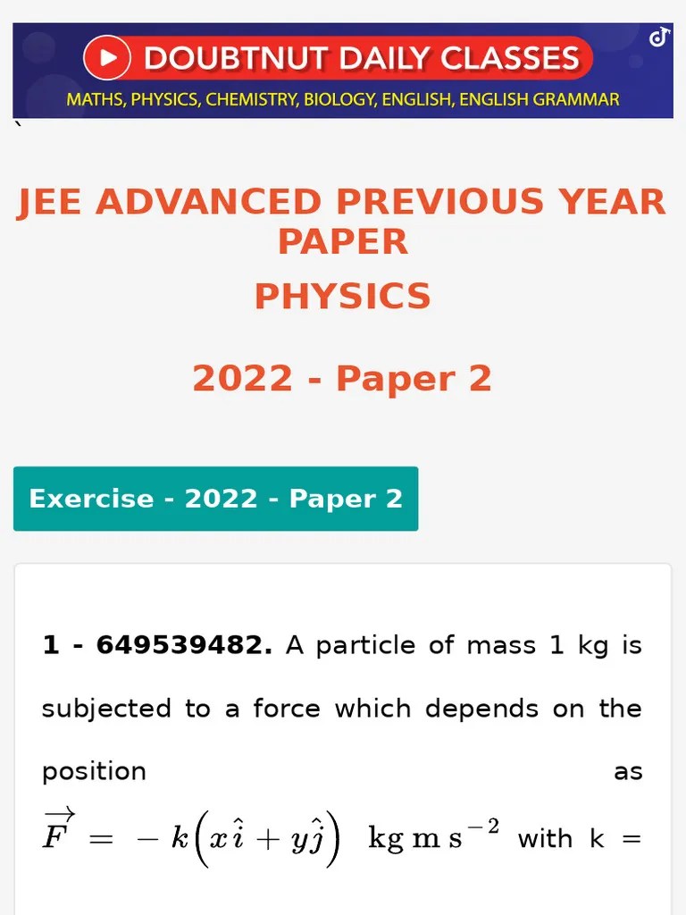 Jee Advanced Previous Year Paper Class 12 Physics 2022 Paper 2 Doubtnut ...