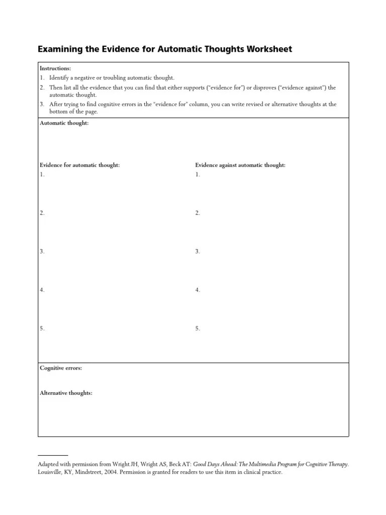 Examining The Evidence For Automatic Thoughts Worksheet | PDF