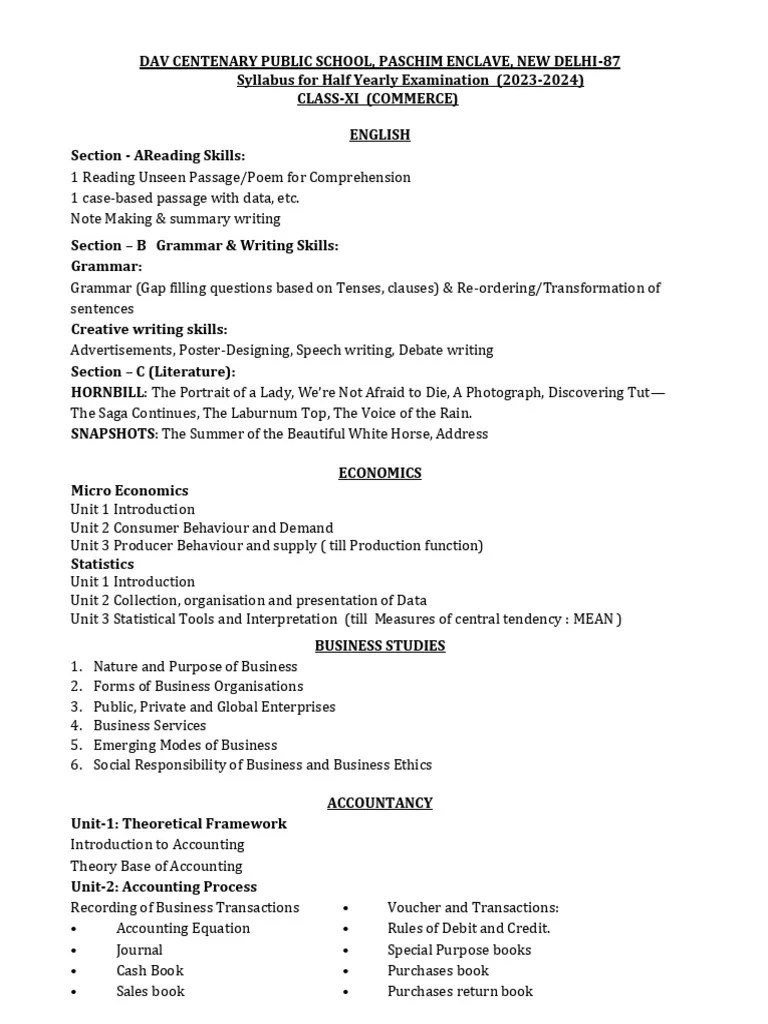 Commerce Class - XI Half Yearly - Syllabus (2023-24) - 2 | PDF ...