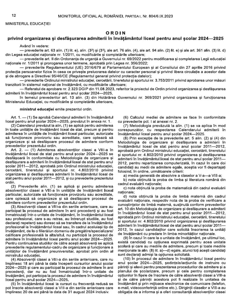 Admiterea In Invatamantul Liceal 2024-2025 | PDF