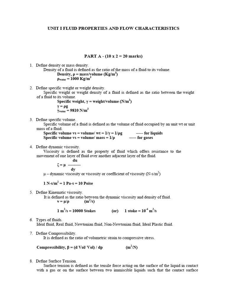 Unit I Fluid Properties And Flow Characteristics | PDF