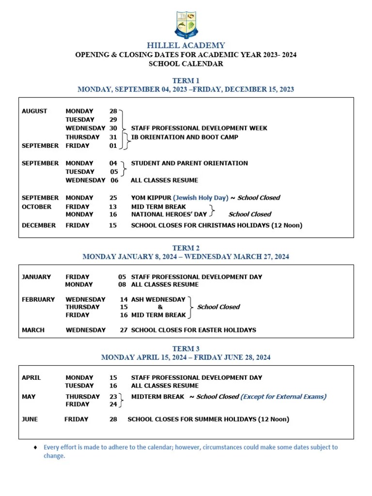Hillel Academy School Calendar 2023-2024 | PDF