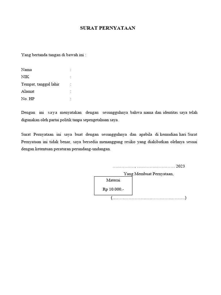 Surat Pernyataan Tercatut SIPOL | PDF