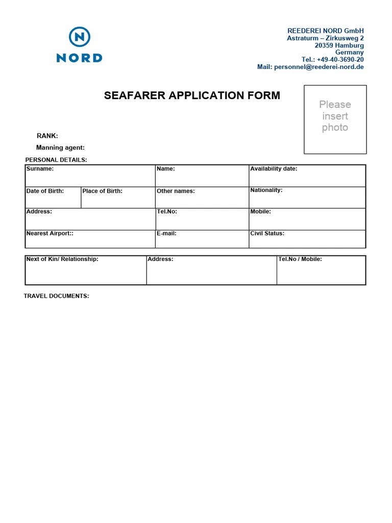 Reederei NORD GmbH Seafarers Application Form | PDF | Sailor | Water Transport