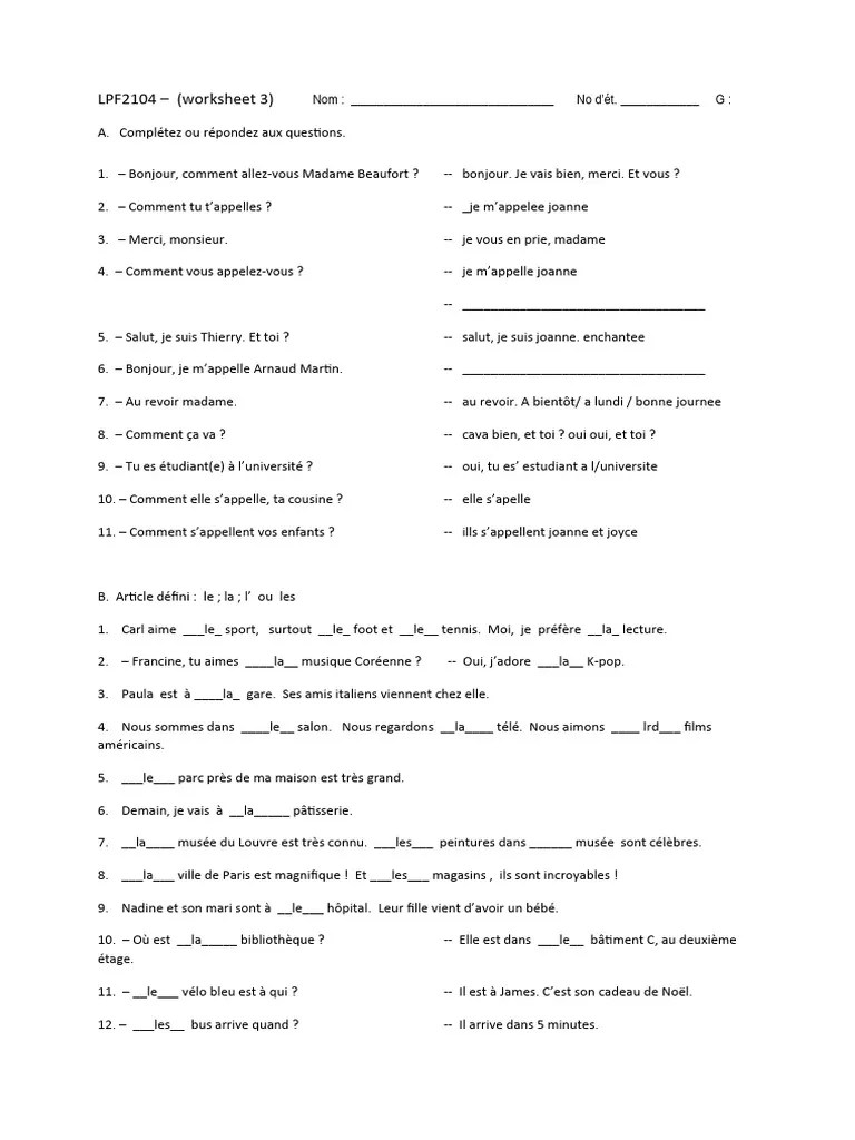 French worksheet 2