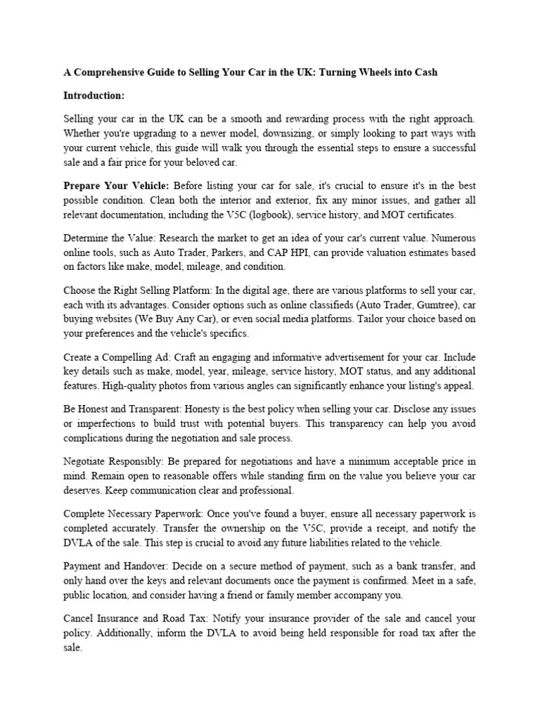 A Comprehensive Guide To Selling Your Car In The UK | PDF | Option ...