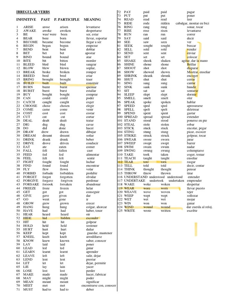 Irregular Verbs 125. Para La Eso | PDF | Syntax | Language Mechanics