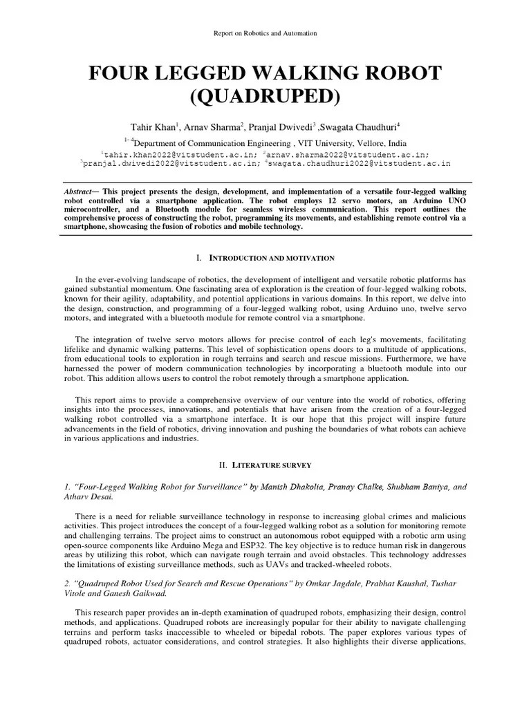 Four-Legged Walking Robot: A Comprehensive Report On The Quadruped | PDF | Arduino | Robotics