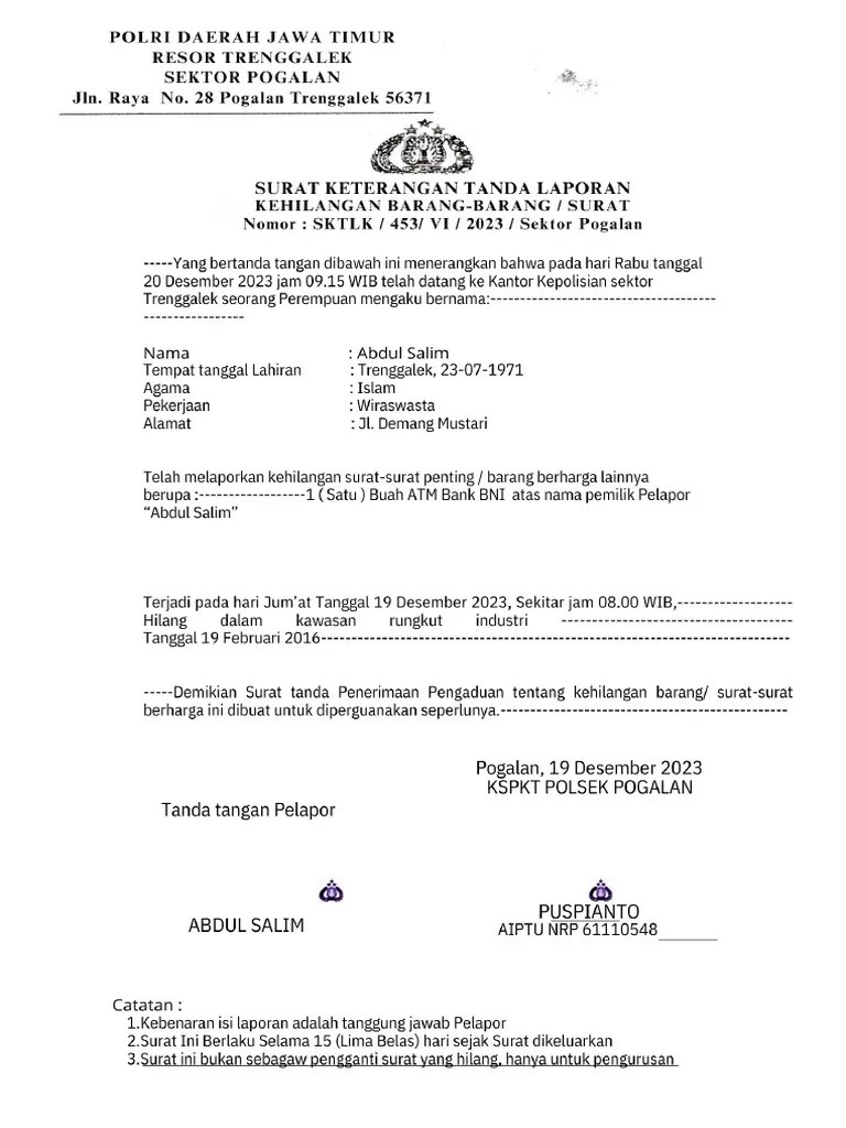 Surat Kehilangan - PDF Abdul Salim 3 | PDF