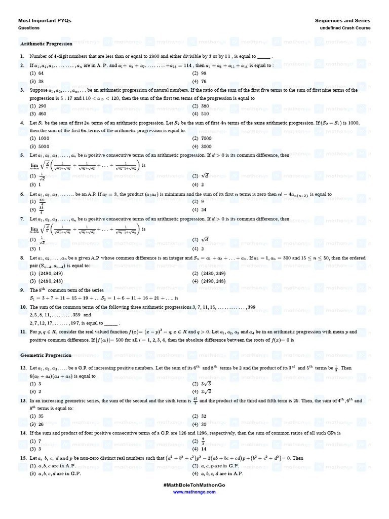 Question Most Important PYQs Sequences And Series Undefined Crash ...
