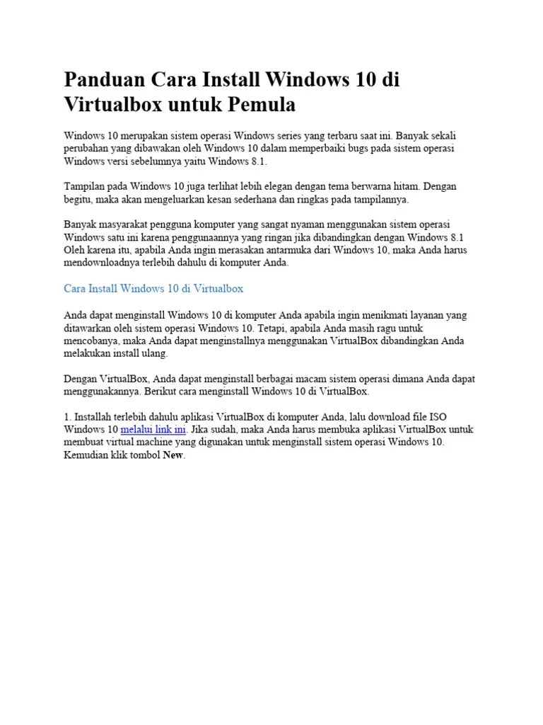 Panduan Cara Install Windows 10 Di Virtualbox Untuk Pemula | PDF
