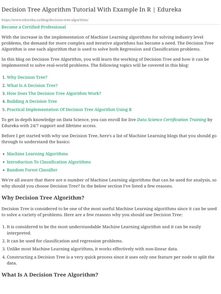 Decision Tree Algorithm Tutorial With Example In R | PDF | Machine ...