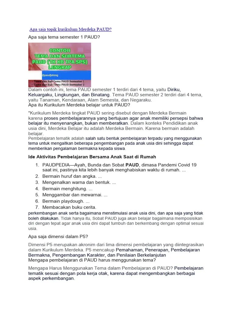 Apa Saja Topik Kurikulum Merdeka PAUD | PDF