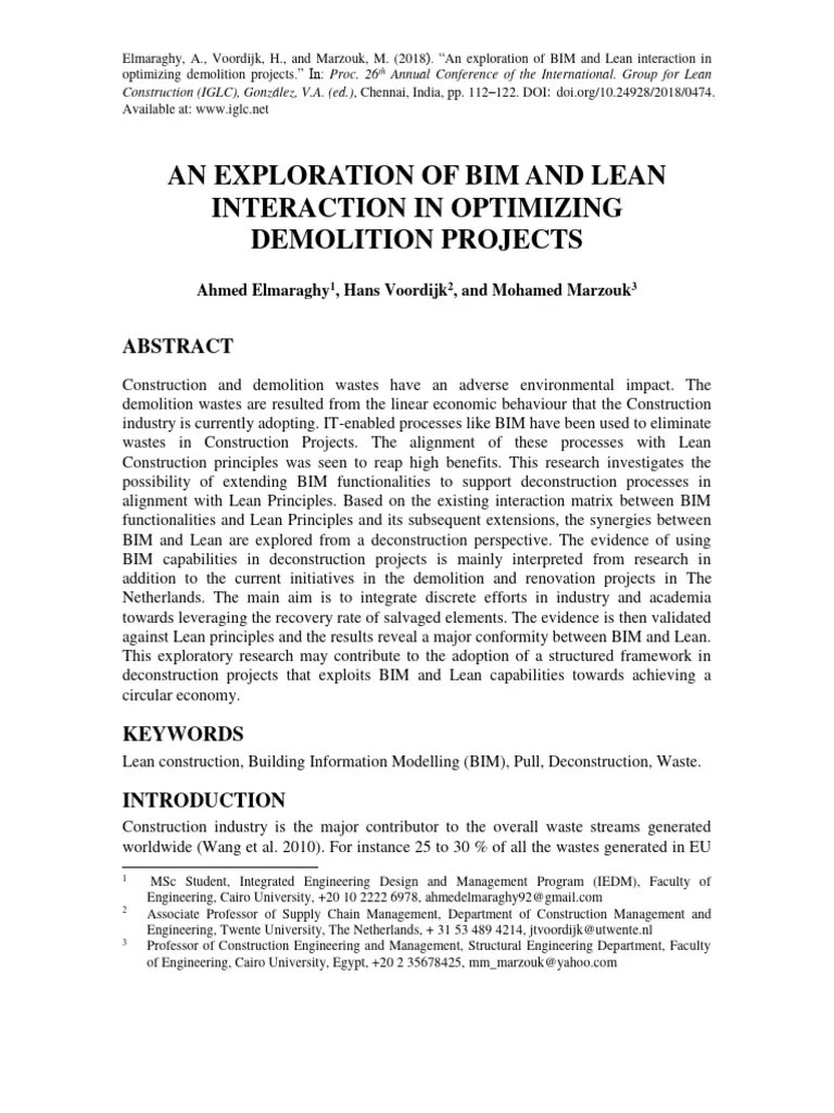An Exploration Of BIM And Lean Interaction In Optimizing Demolition Projects 2018 The ...