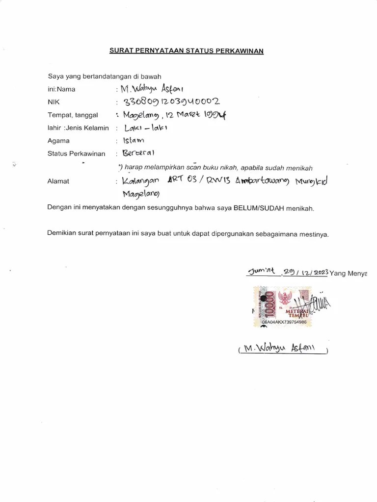 Surat Pernyataan Status Perkawinan | PDF