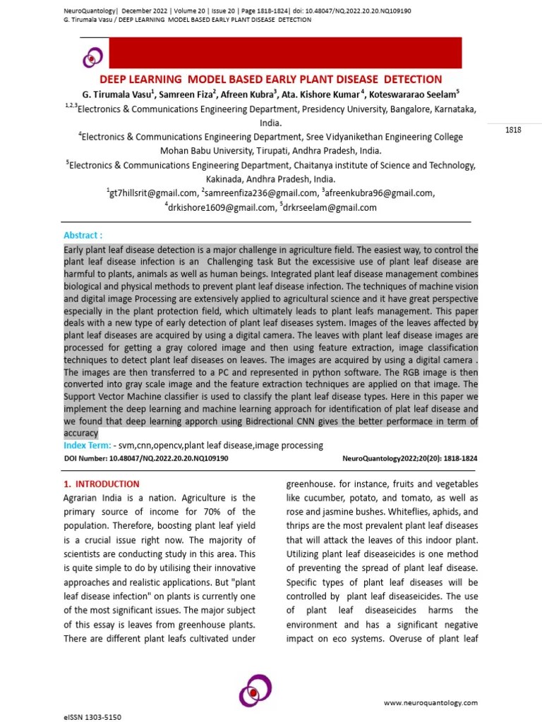 Deep Learning Model Based Early Plant Disease Detection | PDF ...