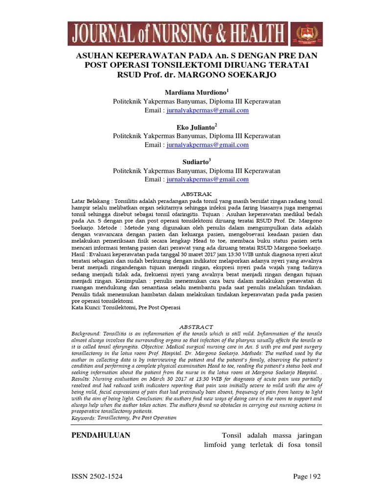 Asuhan Keperawatan Tonsilektomi Pdf Pengembangan Diri Sains