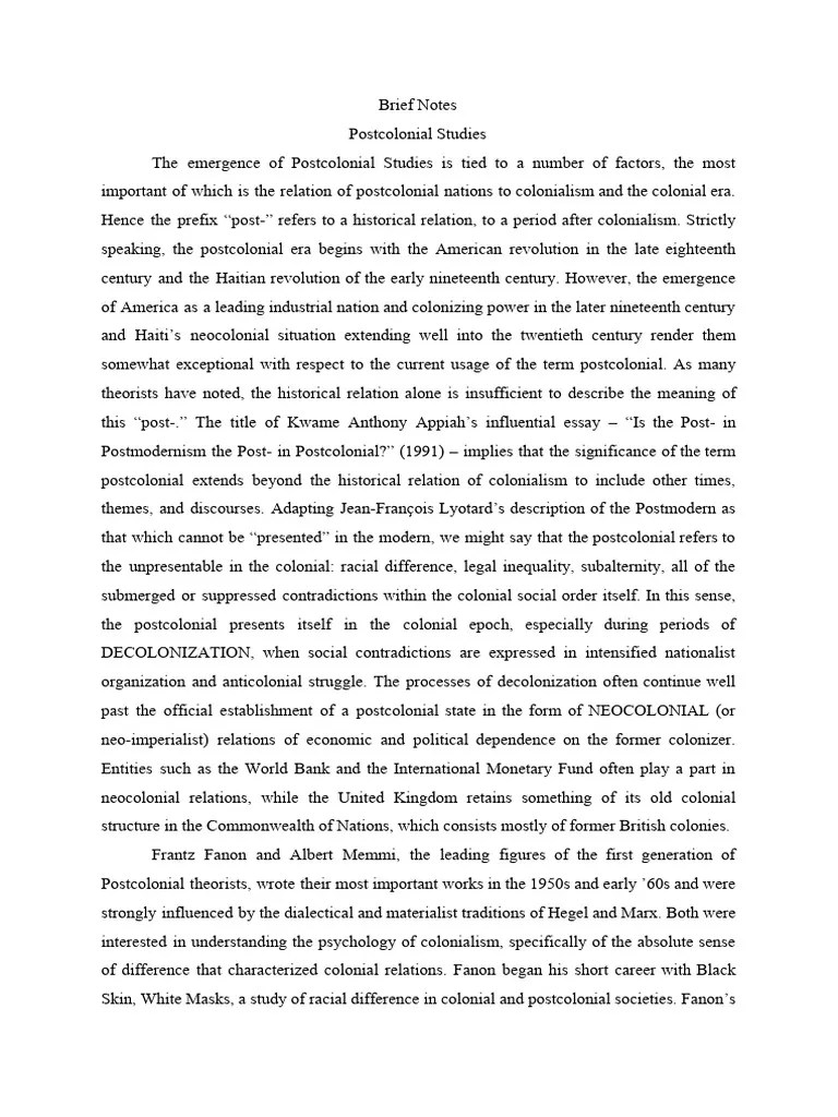 Brief Notes Postcolonial Studies Pdf Postcolonialism Orientalism