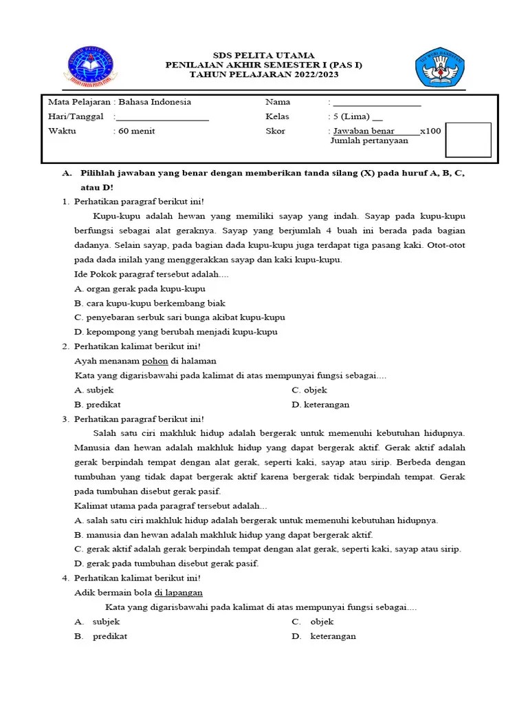 Soal Ujian Bahasa Indonesia Kls 5 Semester 1 2022 | PDF