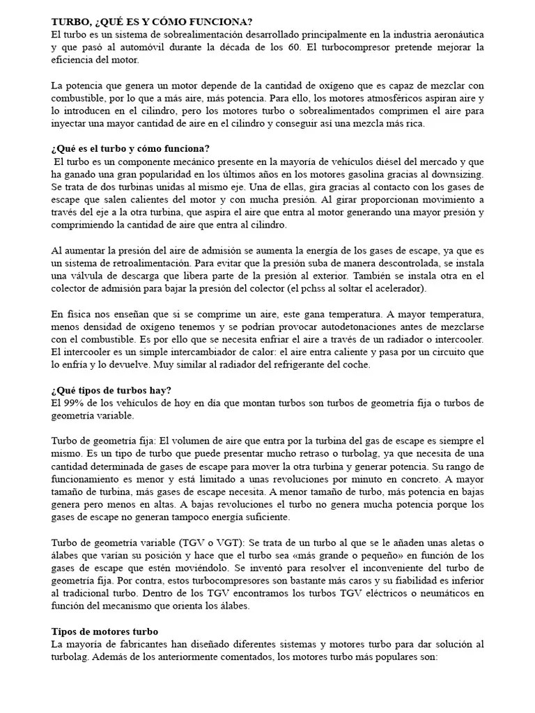 Turbo, ¿Qué Es Y Cómo Funciona? | PDF | Turbocompresor | Tecnología Energética
