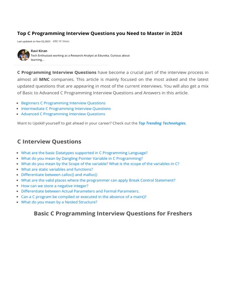 C Interview Prep Guide 2024 | PDF | Pointer (Computer Programming ...