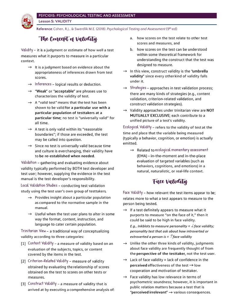 Week 5 - Validity | PDF | Validity (Statistics) | Psychology