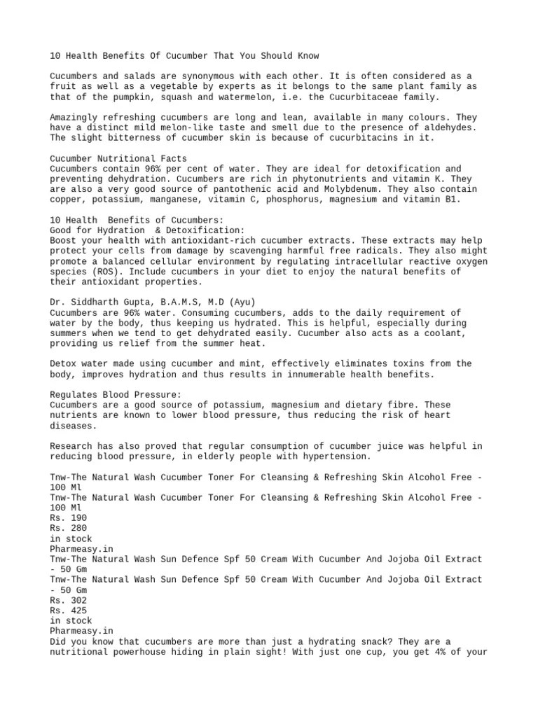 10 Health Benefits Of Cucumber That You Should Know | PDF