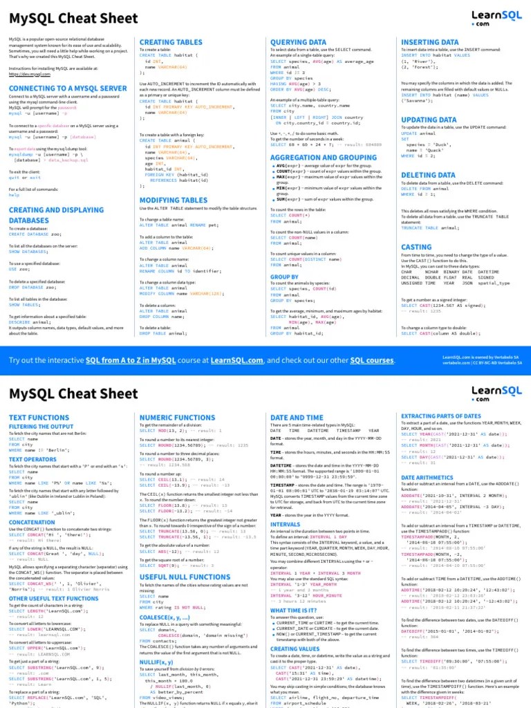 Mysql Cheat Sheet A4 | PDF