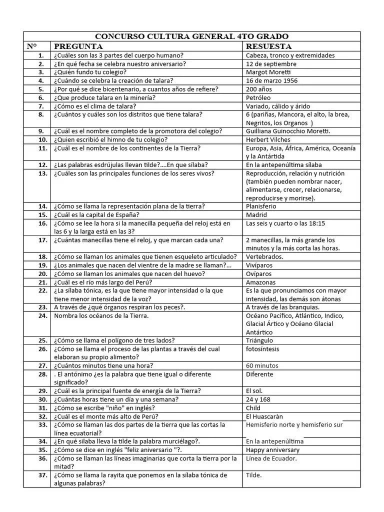4TO Preguntas De Cultura General | PDF | Tierra | Perú