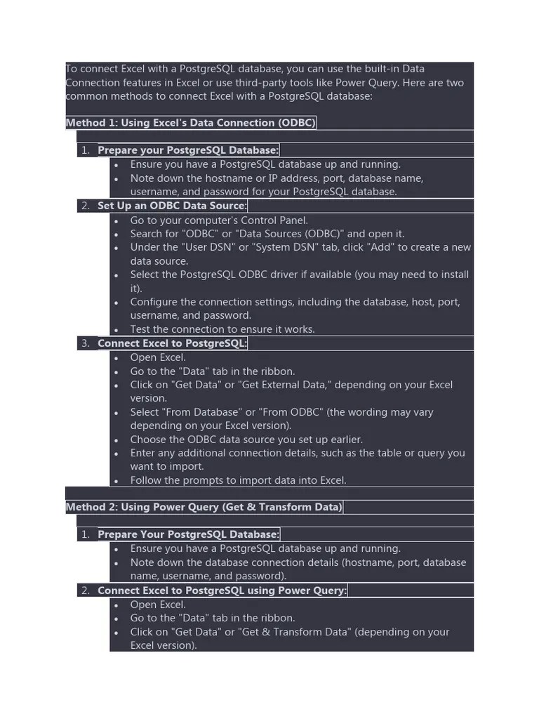 Connect Excel To Postgres DB | PDF