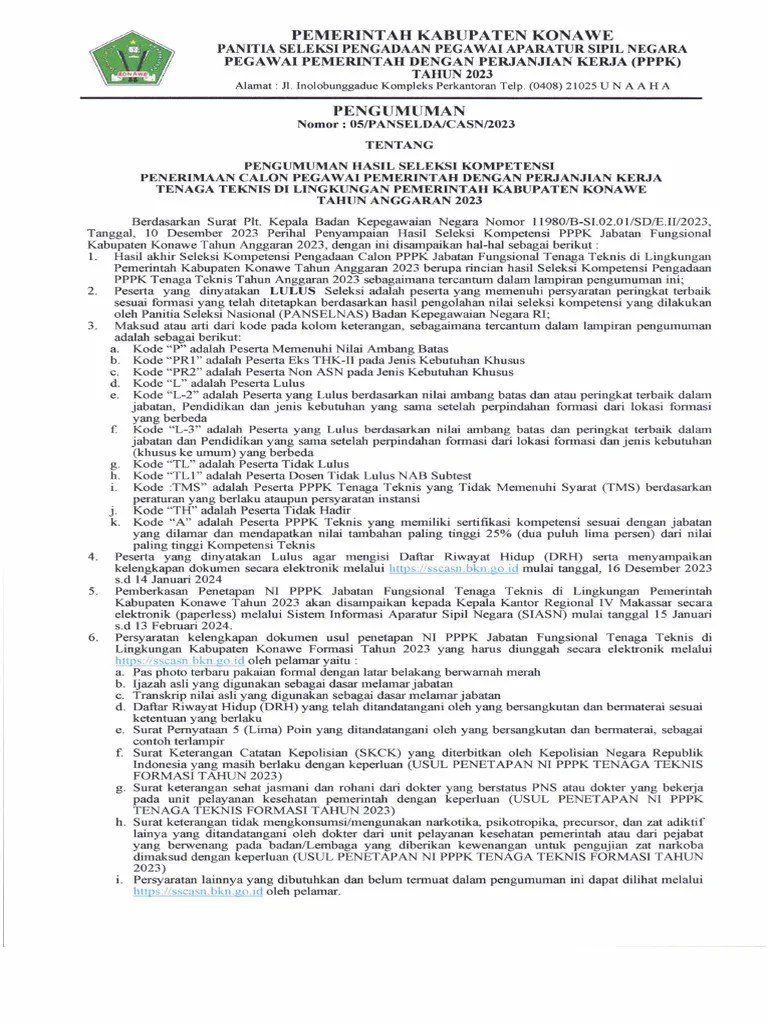 Pengumuman Hasil Seleksi Kompetensi PPPK Tenaga Teknis Kab. Konawe Formasi Tahun Anggaran 2023 | PDF