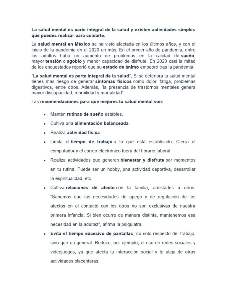 Recomen Para Una Buena Salud Mental | PDF | Salud Mental | Adultos
