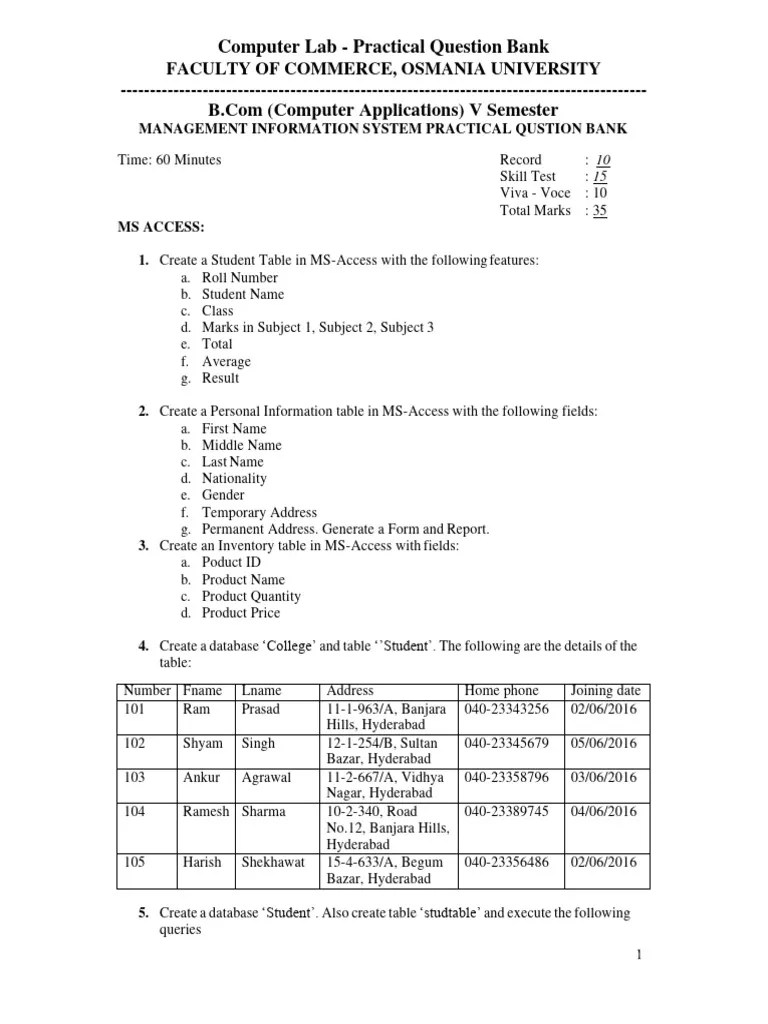 Mis Practical Question Bank Pdf Microsoft Access Databases