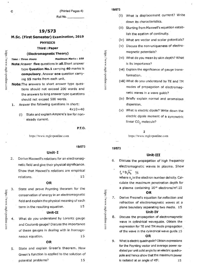 MSC 1 Sem Physics Electromagnetic Theory 573 2019 | PDF