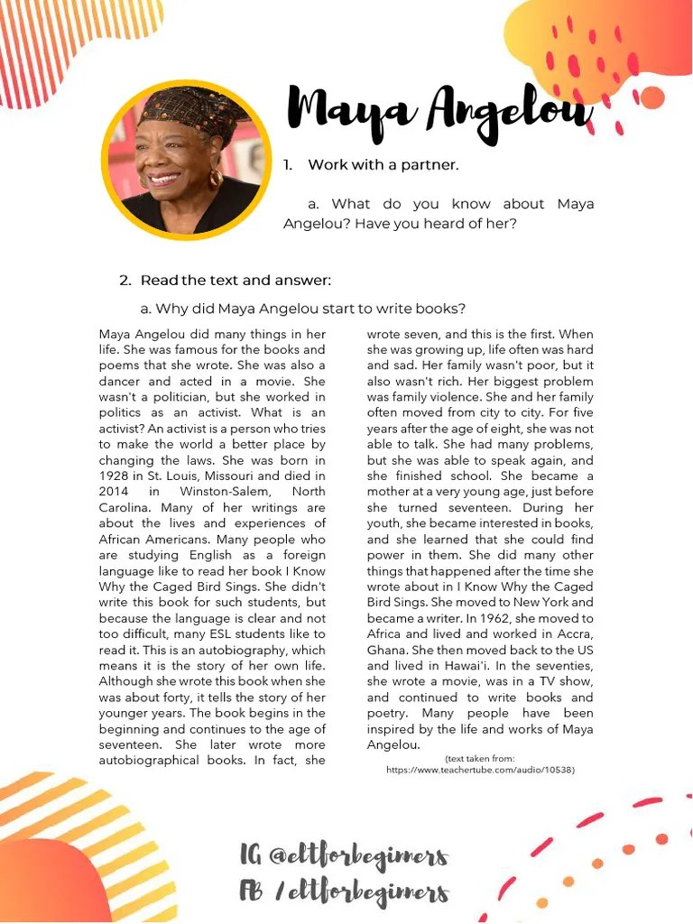 Reading Comprehension Worksheet Maya Angelou | PDF | General Fiction