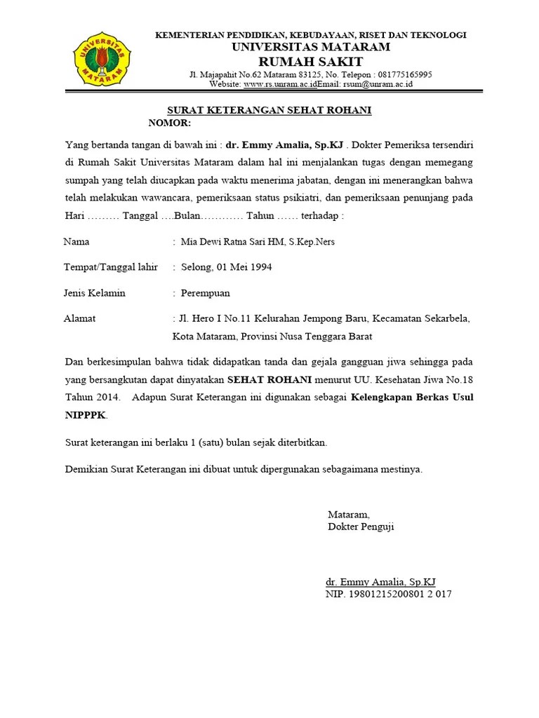 SURAT KETERANGAN SEHAT ROHANI MIA (1) | PDF