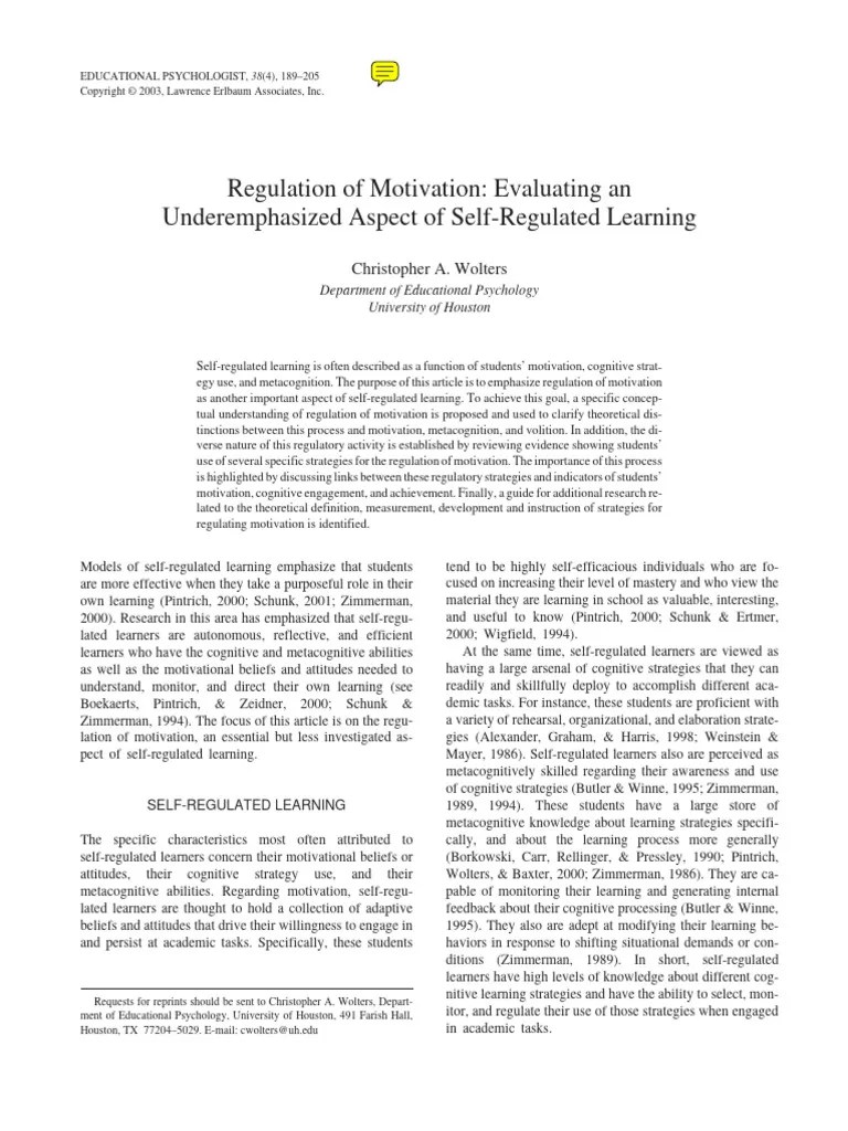 Regulation Of Motivation. Evaluating An Underemphasized Aspect Of Self-Regulated Learning | PDF ...