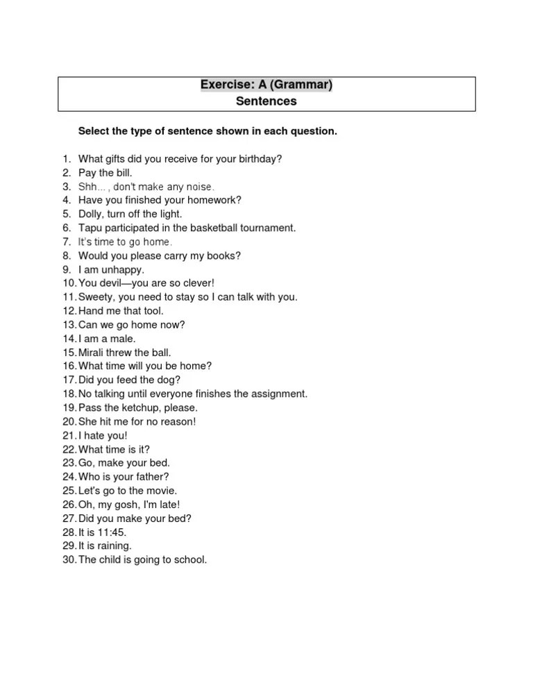 In this sentence, the words the newspaper is the object of the verb word. Types Of Sentences Exercise Pdf