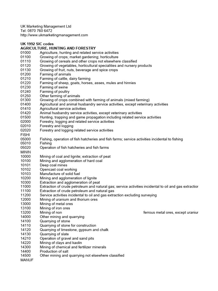 1992 uk sic codes seperated